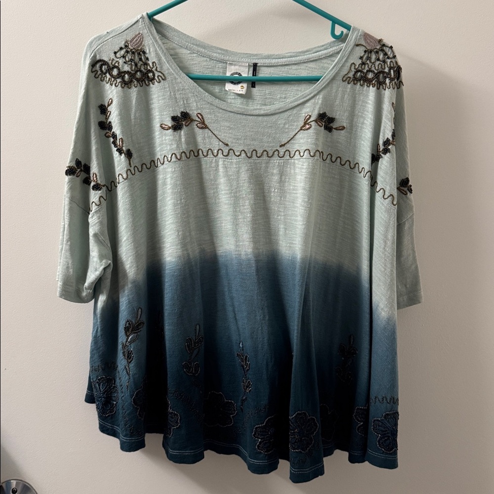Anthropologie Blue and Green Embroidered Top